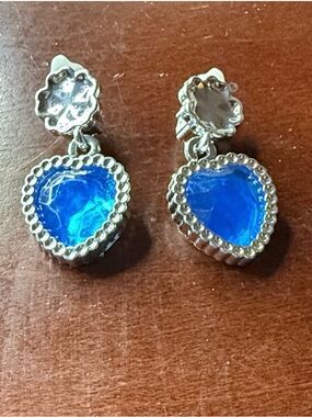 Plastic Costume Clip-On Silver Heart Drop Earrings with Blue Gemstones